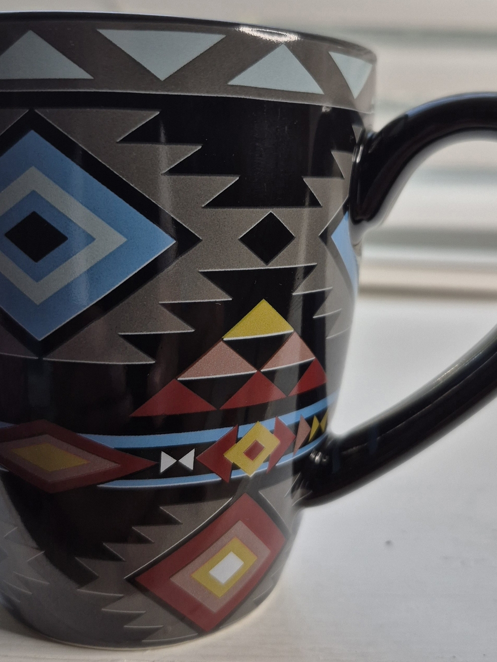 Black Geometric Aztec Pattern Ceramic Mug - Blue & Red Accent - Picture 10 of 11